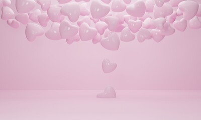 Pink balloons heart flying out of the floor at pink interior room background. Minimal concept. 3d rendering