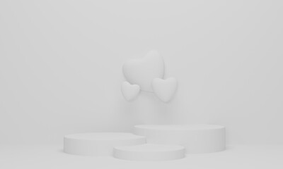White podium stage and heart shape backdrop, Geometry podium shape for display product, present and advertising. 3d rendering.