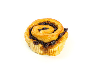 Roll with raisins on white background. One bun or cinnamon isolated picture. Homemade bakery concept.
