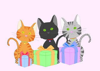 Obraz na płótnie Canvas Illustration drawing of orange tabby, grey and black tabby kittens sitting behind colorful present boxes with bows on a pink background, looking directly at viewer. With copy space for your text.