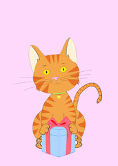 Illustration drawing of one orange tabby kitten sitting behind a light blue present box with red bow on a pink background, looking directly at viewer. With copy space for your text.