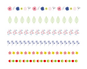 花と葉とりんごのラインイラスト素材セット