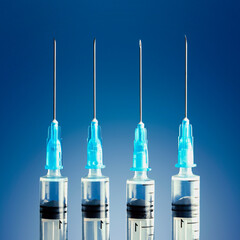 Syringes with medicament on blue background. Vaccination Concept.