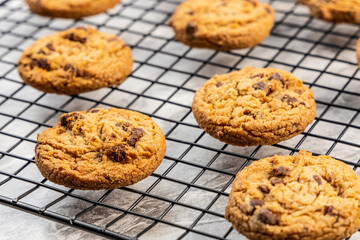 freshly baked Chocolate chip cookies on a marble countertop. Copy space.