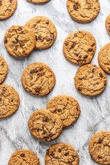 freshly baked Chocolate chip cookies on a marble countertop. Copy space.