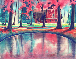 Magic watercolor nature landscape with red house and pond in autumn or summer forest. Hand drawn outdoors garden illustration with beautiful trees, leaves and mirrored water. Colorful painting art.