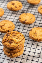 freshly baked Chocolate chip cookies on a marble countertop. Copy space.