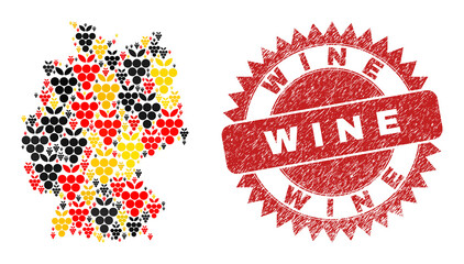 German geographic map mosaic in German flag official colors - red, yellow, black, and distress Wine red rosette seal. Vector grape berry pictograms are scattered into stylized German map mosaic.