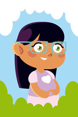 cute girl with glasses in the garden cartoon, children
