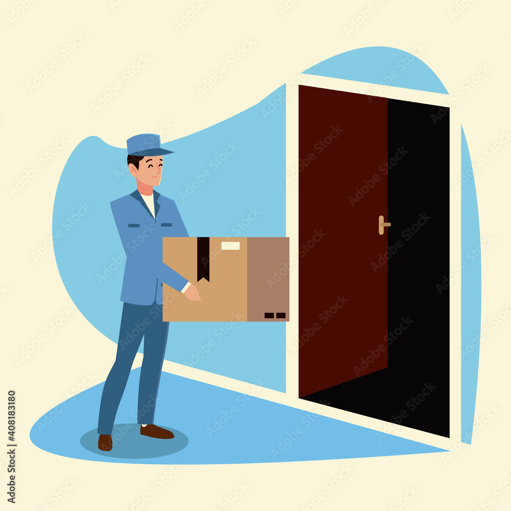 Wall mural postal service postman carrying cardboard box in door