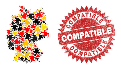 German state map mosaic in German flag official colors - red, yellow, black, and rubber Compatible red rosette stamp seal. Vector puzzle plugin elements are united into conceptual German map mosaic.