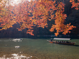 Beautiful fall color and Katsura River with boat