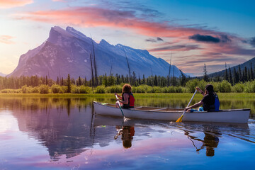 Couple adventurous friends are canoeing in a lake surrounded by the Canadian Mountains. Colorful Sunrise Sky Art Render. Taken in Vermilion Lakes, Banff, Alberta, Canada.