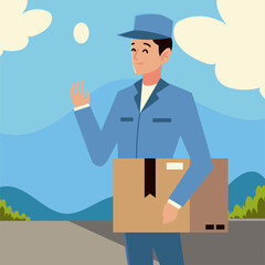 postal service postman character carrying cardboard box