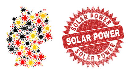 Germany map mosaic in Germany flag official colors - red, yellow, black, and rubber Solar Power red rosette watermark. Vector sunshine items are placed into mosaic Germany map mosaic.