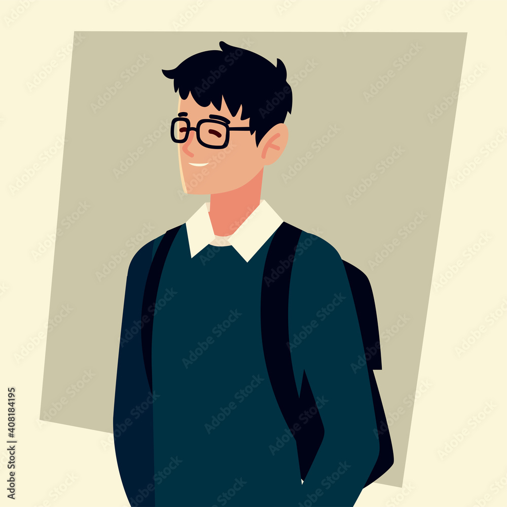 Poster student man with glasses and bag character, people student university