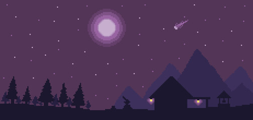 Pixel art lumberjack house background with pines and mountains in night sky. 8bit game scenario

