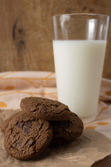 Homemade chocolate chip cookies accompanied by a glass of cold milk
