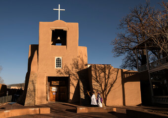 Naklejka premium San Miguel Mission at sunset; Santa Fe, New Mexico