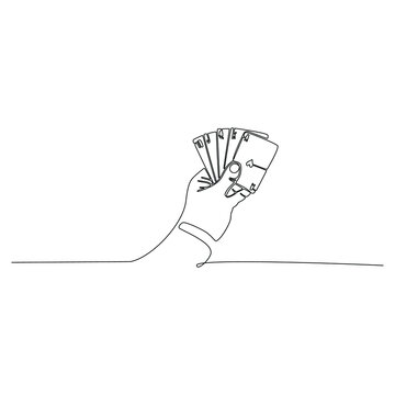 Continuous Line Of Hand Holding Royal Flush Poker Card Vector Illustration