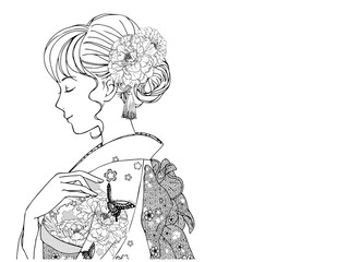 晴れ着の女性_横向き_閉眼_線画