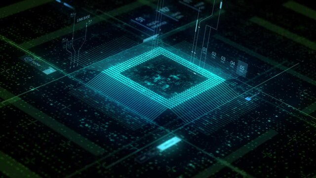CPU Chip on Motherboard - abstract 3D render of a computer processor chip on a circuit board with microchips and other computer parts