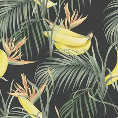 Foto op Canvas Botanical seamless pattern, Cavendish bananas with various plants on dark grey © momosama