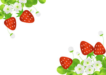 大きないちごと花のコーナーフレーム　水彩風