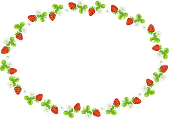 いちごの楕円形フレーム　水彩風の苺と花