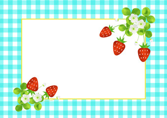 苺とギンガムチェックのフレーム　背景　水彩風