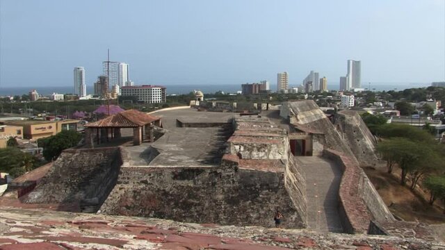 Castillo de San Felipe de Barajas, Cartagena modern city and the sea. Colombia