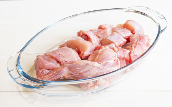 Closeup of the raw chopped chicken meat in a glass container