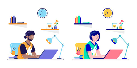 Working at home concept. People, man and woman working on laptop at home with casual clothes  during quarantine. Freelance, online study education concept. Flat design vector illustration 