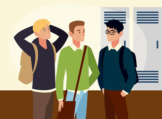 male students characters with backpacks in the hall image