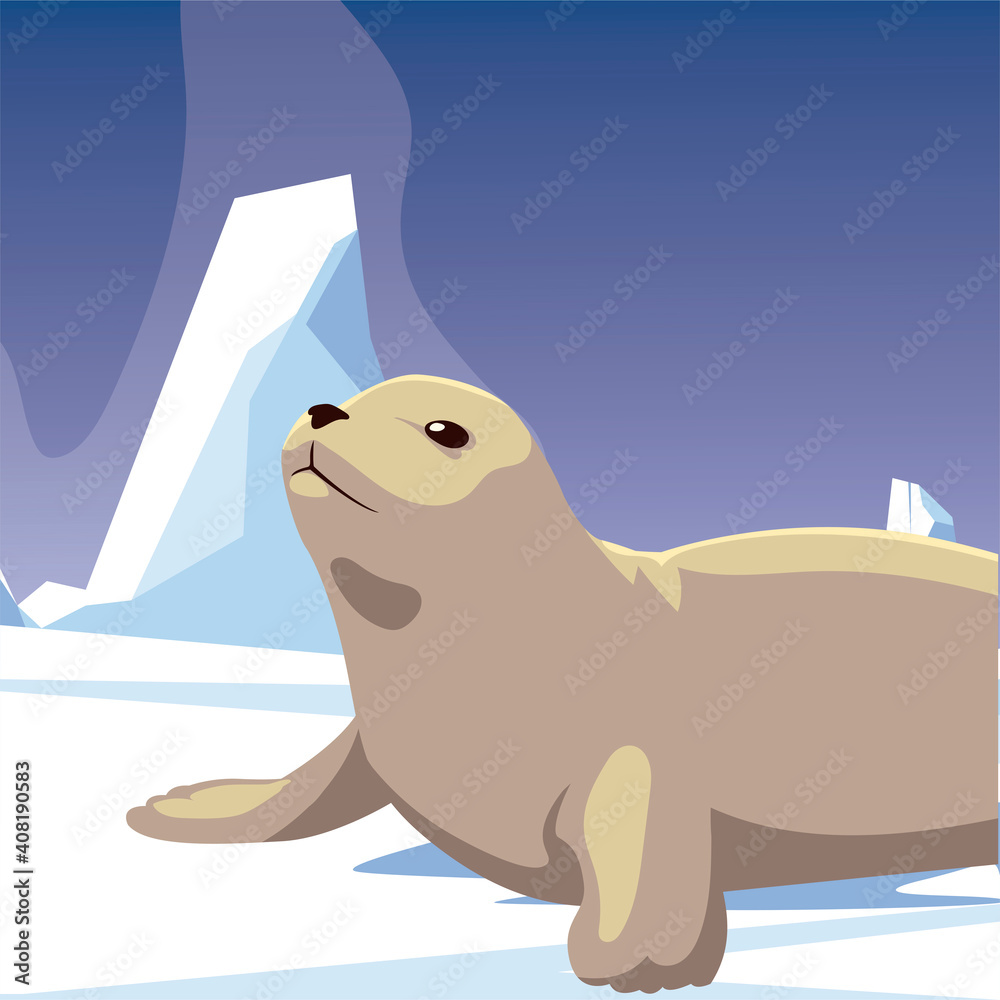 Sticker seal animal resting iceberg north pole character