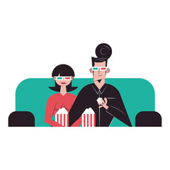 Romantic couple cartoons seeing 3d movie with glasses and popcorns vector design