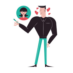 Romantic couple cartoons chatting with smartphone vector design