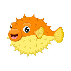 Cartoon funny puffer fish on white background