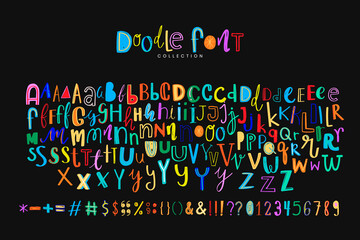 Alphabet symbol doodle vector font style colorful set
