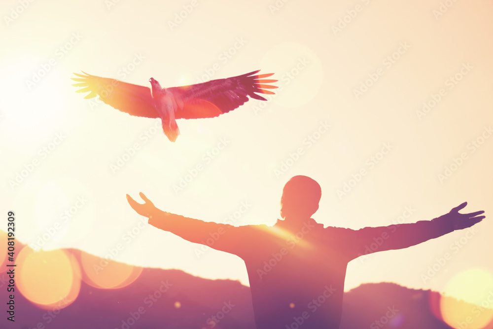 Wall mural man raise hand up on top of mountain and sunset sky with eagle bird fly abstract background. - Wall murals