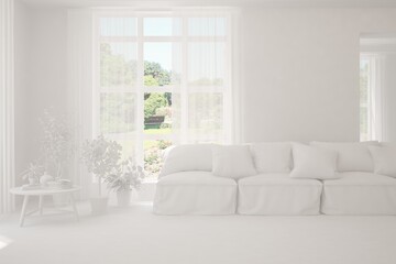 White living room with sofa and summer landscape in window. Scandinavian interior design. 3D illustration
