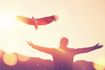 Man raise hand up on top of mountain and sunset sky with eagle bird fly abstract background.