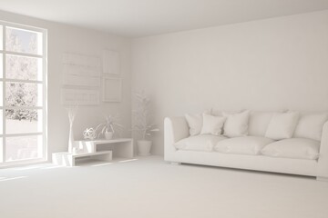 White minimalist living room with sofa. Scandinavian interior design. 3D illustration
