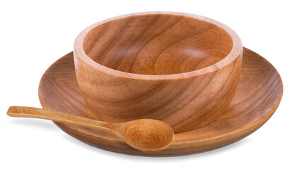 Empty wooden bowls with wooden saucers isolated on white background with cutting path