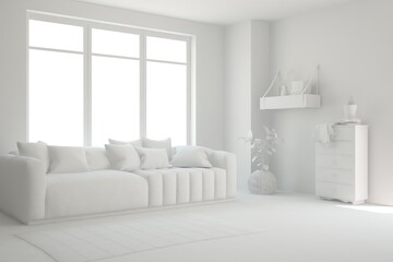 White minimalist living room with sofa. Scandinavian interior design. 3D illustration