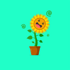 Sunflower character feeling dizzy isolated on a green background. Sunflower character emoticon illustration