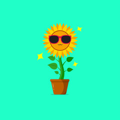 Sunflower character wearing red sunglasses isolated on a green background. Sunflower character emoticon illustration