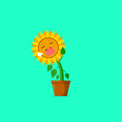 Sunflower character yawn isolated on a green background. Sunflower character emoticon illustration
