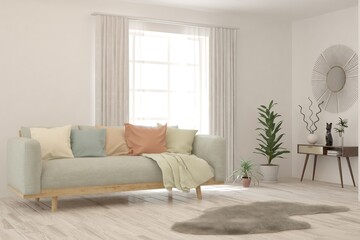 White living room with sofa. Scandinavian interior design. 3D illustration