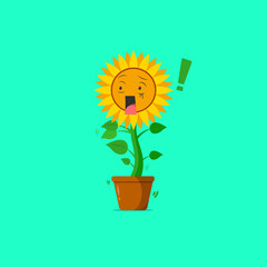 Sunflower character got shocked and point to something isolated on a green background. Sunflower character emoticon illustration